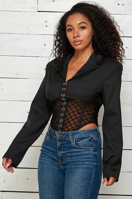 Cutouts Net Cropped Bodysuit Jacket