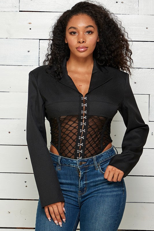 Cutouts Net Cropped Bodysuit Jacket