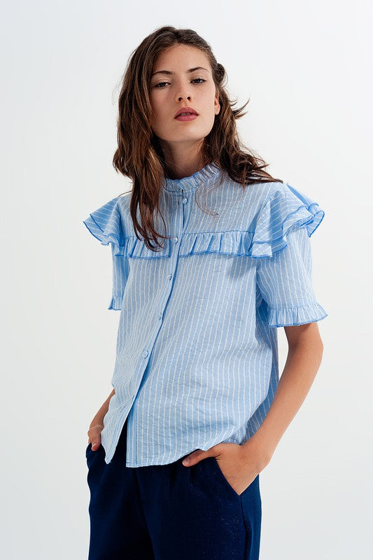 SHIRT WITH FRILL DETAIL IN BLUE