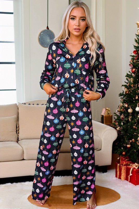 Women Christmas Print Shirt and Pants Pajama Set