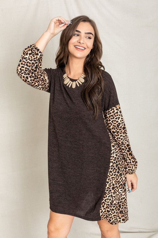 Plus Bishop Sleeve Leopard Print Color Block Dress