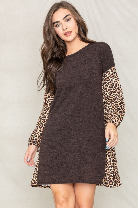 Plus Bishop Sleeve Leopard Print Color Block Dress