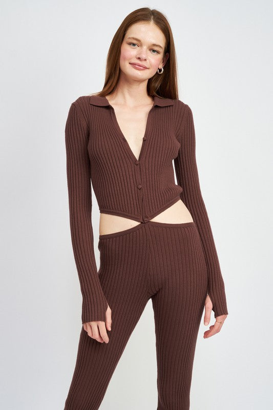 LONG SLEEVE BUTTON UP JUMPSUIT WITH SIDE CUT OUTS