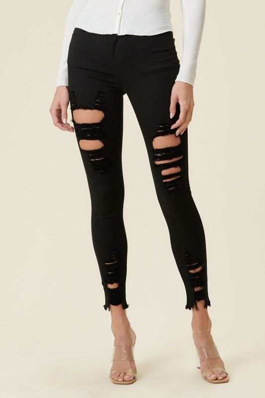 High Rise Distressed Skinny Denim Pants W Hem