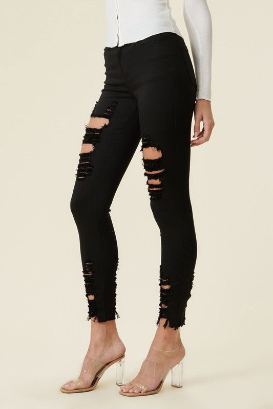 High Rise Distressed Skinny Denim Pants W Hem