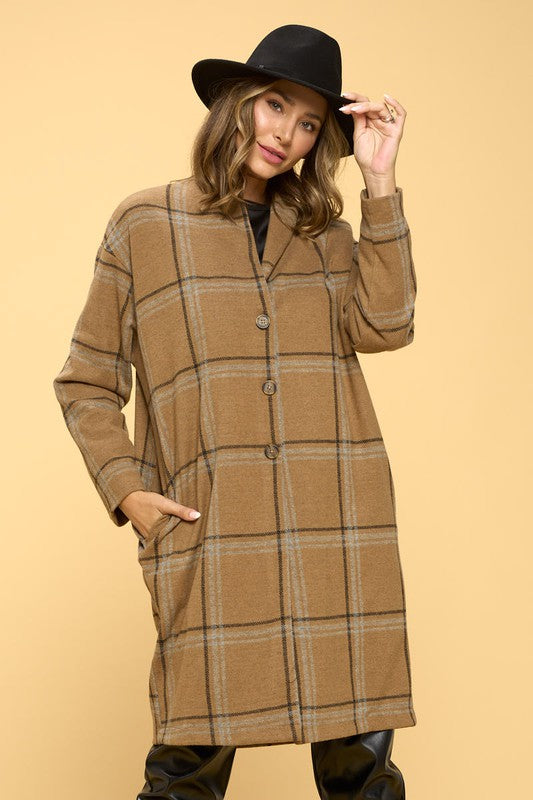 Plaid Coat with Buttons and Pockets