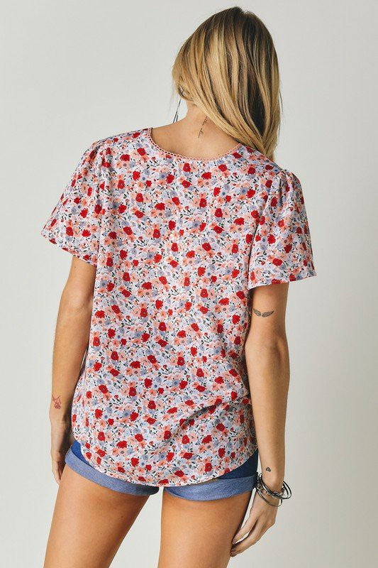 FLORAL PRINTED V NECK SHORT SLEEVE TOP