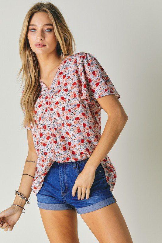 FLORAL PRINTED V NECK SHORT SLEEVE TOP