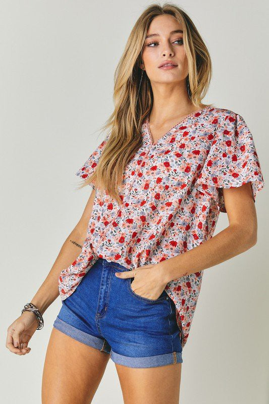 FLORAL PRINTED V NECK SHORT SLEEVE TOP