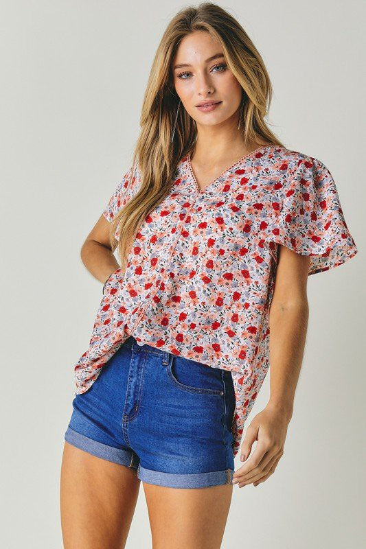 FLORAL PRINTED V NECK SHORT SLEEVE TOP