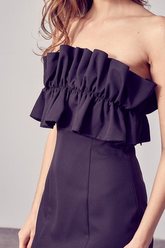 OPEN SHOULDER RUFFLE DETAIL DRESS