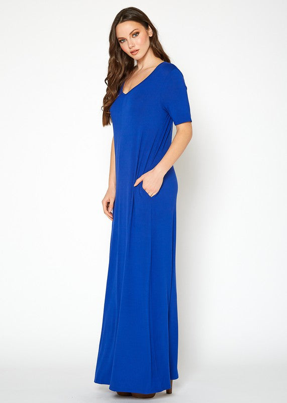 V-Neck Short Sleeve Maxi Dress With Pockets