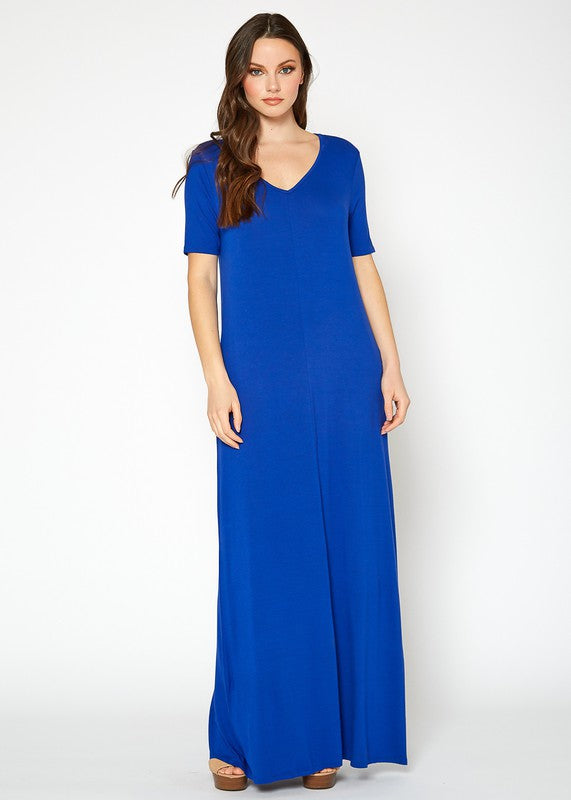 V-Neck Short Sleeve Maxi Dress With Pockets