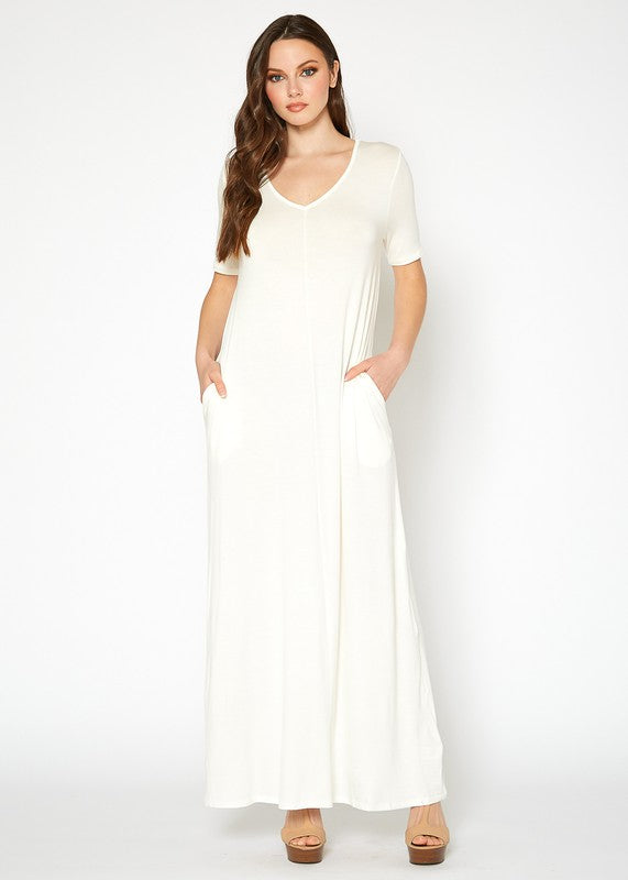 V-Neck Short Sleeve Maxi Dress With Pockets