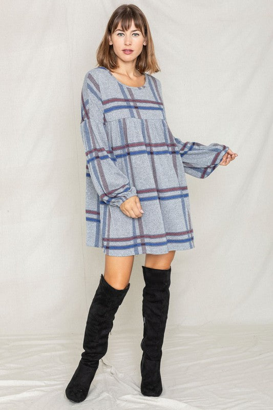 Plaid Empire Waist Balloon Sleeve Mini Dress