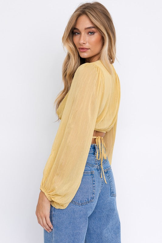 BALLOON LONG SLEEVE CRISS CROSS CROP TOP