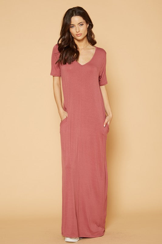 V-Neck Short Sleeve Maxi Dress With Pockets