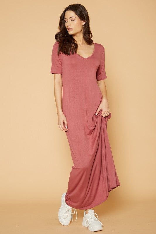 V-Neck Short Sleeve Maxi Dress With Pockets