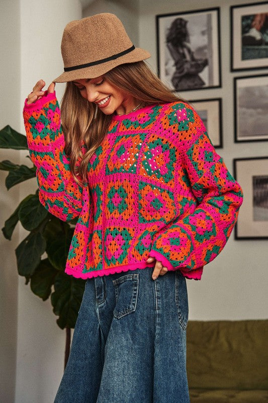 Crochet Patchwork Round Neck Pullover Sweater Top