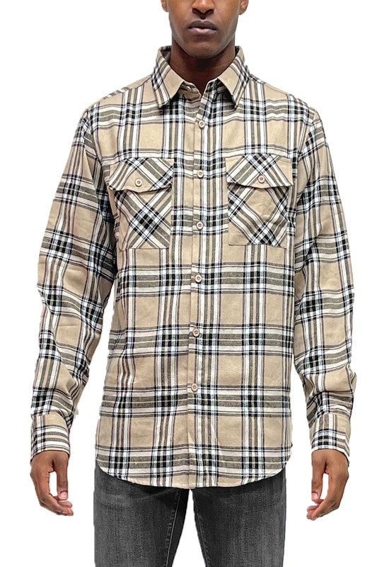 Men's Long Sleeve Flannel Full Plaid Checkered Shirt