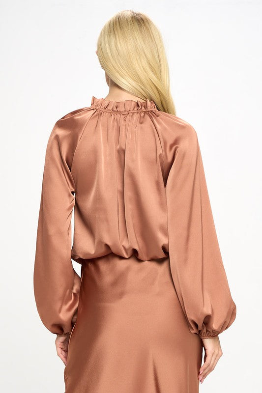 Solid Satin Ruffle Mock Neck Top