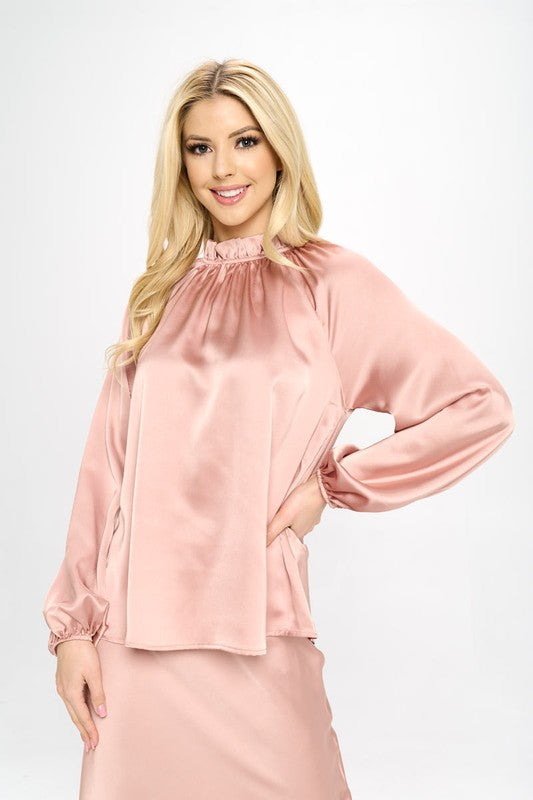 Solid Satin Ruffle Mock Neck Top