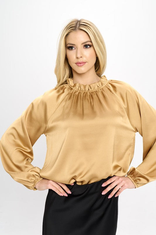 Solid Satin Ruffle Mock Neck Top