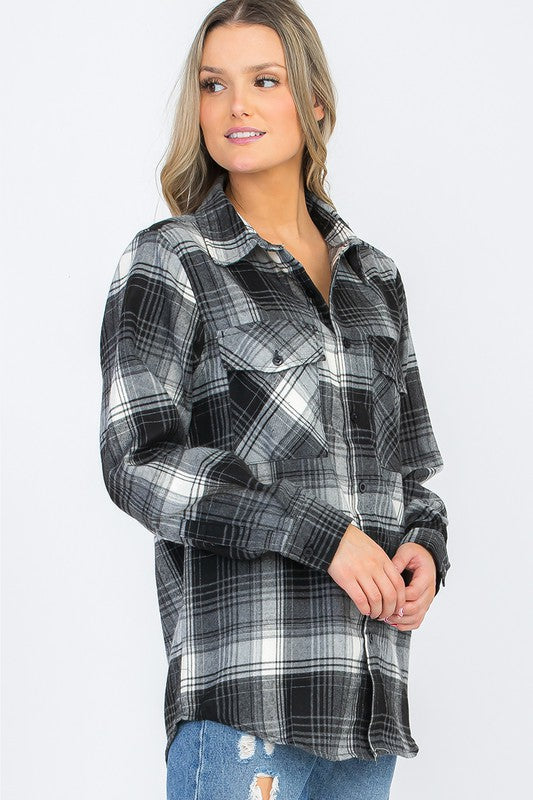 Women's Boyfriend Fit Checker Plaid Flannel Long Sleeve Shirt