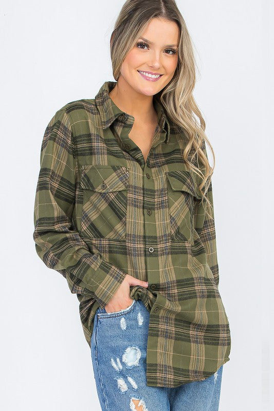 Women's Boyfriend Fit Checker Plaid Flannel Long Sleeve Shirt