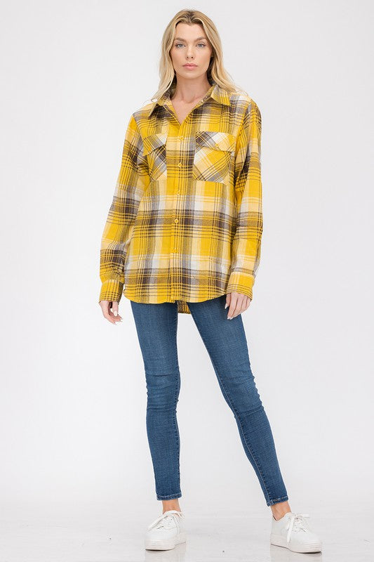 Women's Boyfriend Fit Checker Plaid Flannel Long Sleeve Shirt