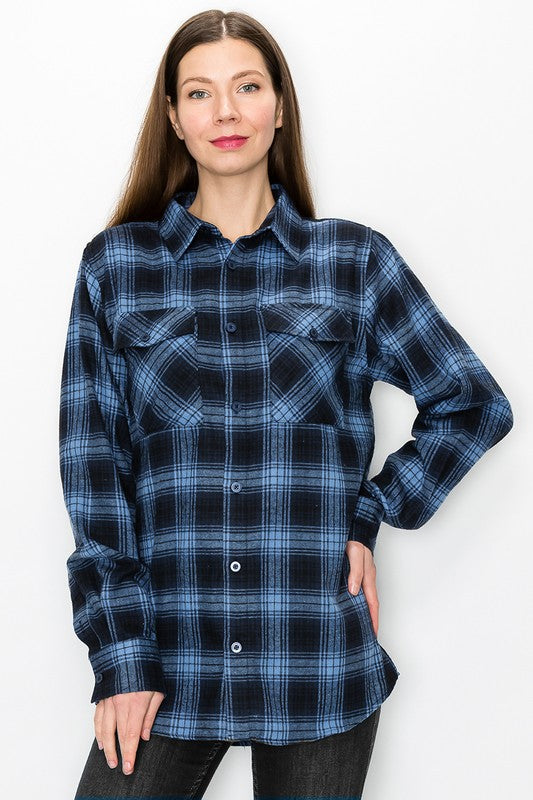 Women's Boyfriend Fit Checker Plaid Flannel Long Sleeve Shirt