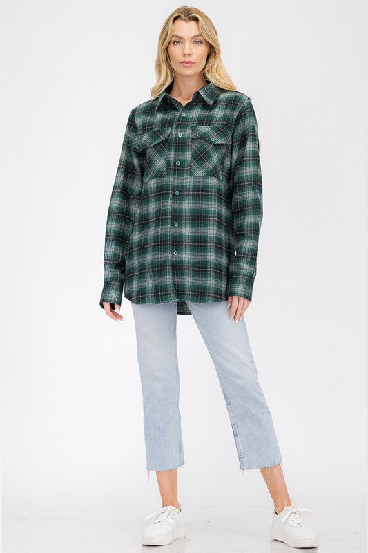 Women's Boyfriend Fit Checker Plaid Flannel Long Sleeve Shirt
