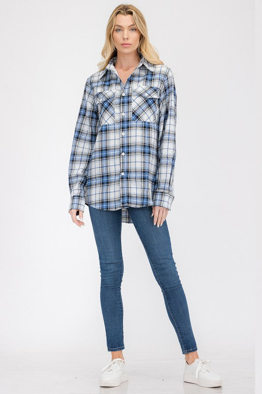 Women's Boyfriend Fit Checker Plaid Flannel Long Sleeve Shirt