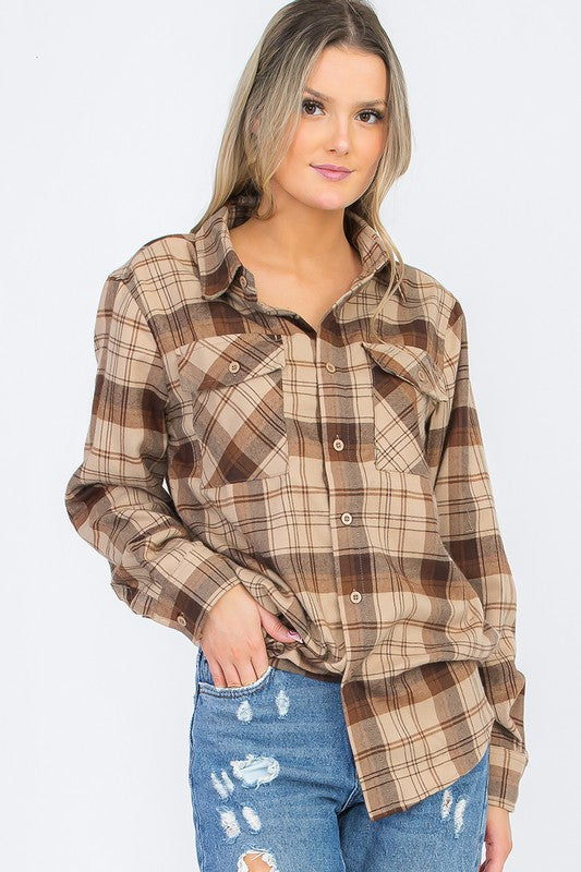 Women's Boyfriend Fit Checker Plaid Flannel Long Sleeve Shirt