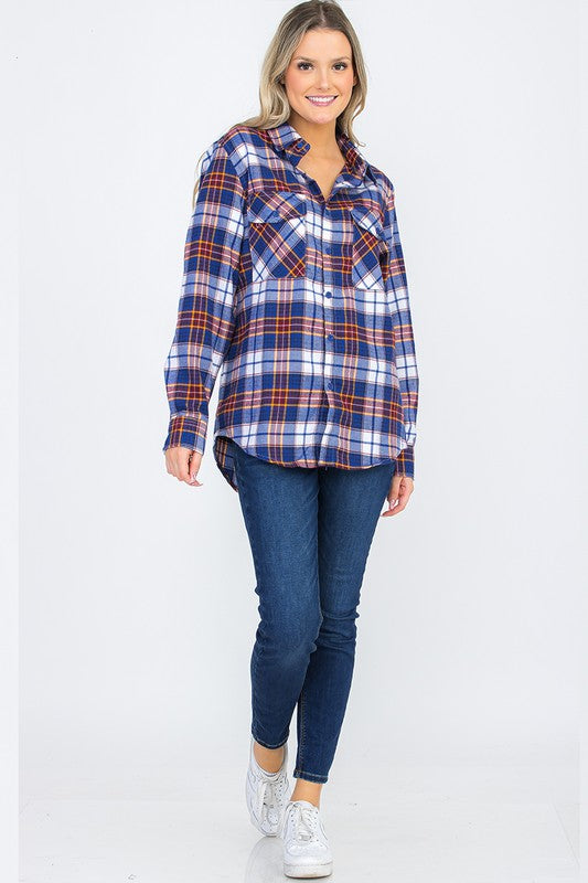 Women Boyfriend Fit Checker Plaid Flannel Long Sleeve Shirt