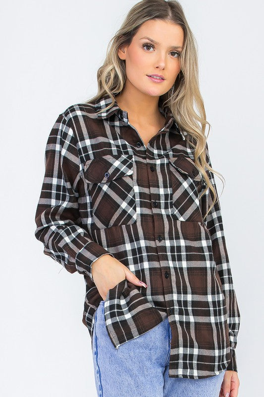 Women Boyfriend Fit Checker Plaid Flannel Long Sleeve Shirt