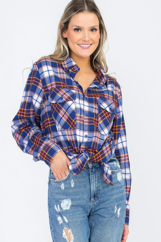 Women Boyfriend Fit Checker Plaid Flannel Long Sleeve Shirt