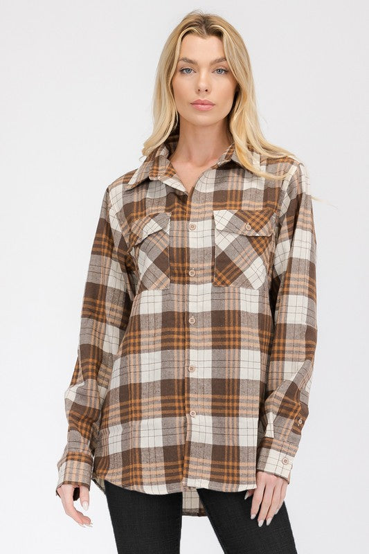 Women Boyfriend Fit Checker Plaid Flannel Long Sleeve Shirt