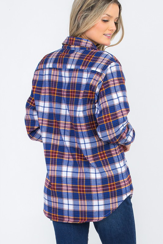 Women Boyfriend Fit Checker Plaid Flannel Long Sleeve Shirt