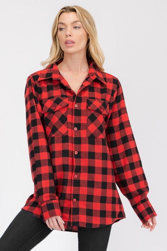 Women Boyfriend Fit Checker Plaid Flannel Long Sleeve Shirt