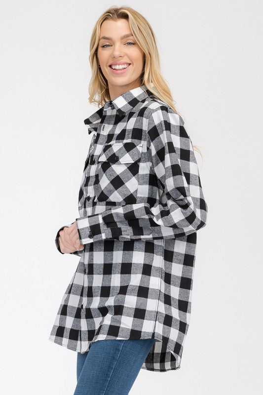 Women Boyfriend Checker Plaid Flannel Long Sleeve Shirt