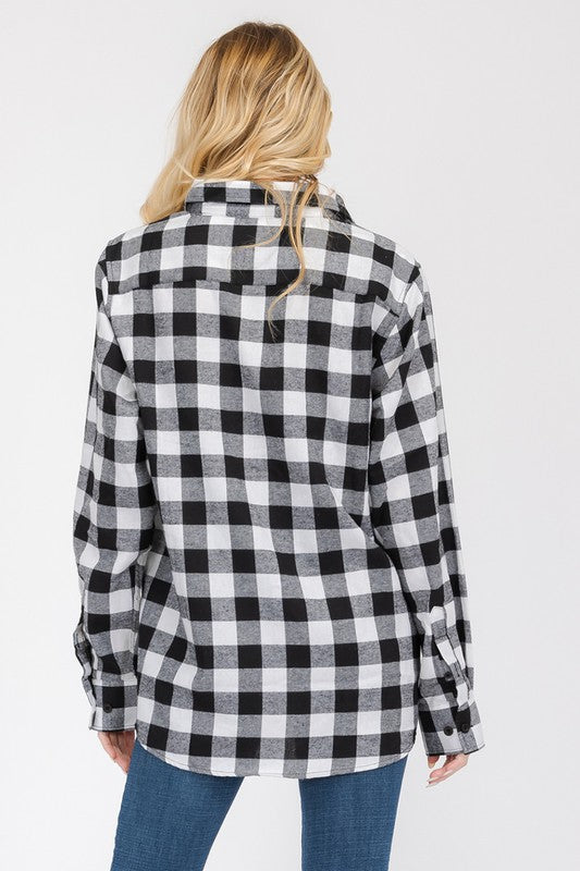 Women Boyfriend Checker Plaid Flannel Long Sleeve Shirt