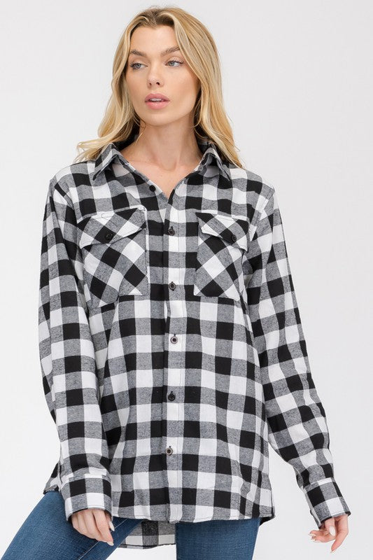 Women Boyfriend Checker Plaid Flannel Long Sleeve Shirt