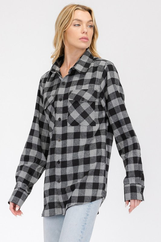 Women Boyfriend Checker Plaid Flannel Long Sleeve Shirt