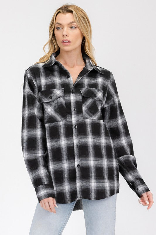 Women's Boyfriend Fit Checker Plaid Flannel Long Sleeve Shirt