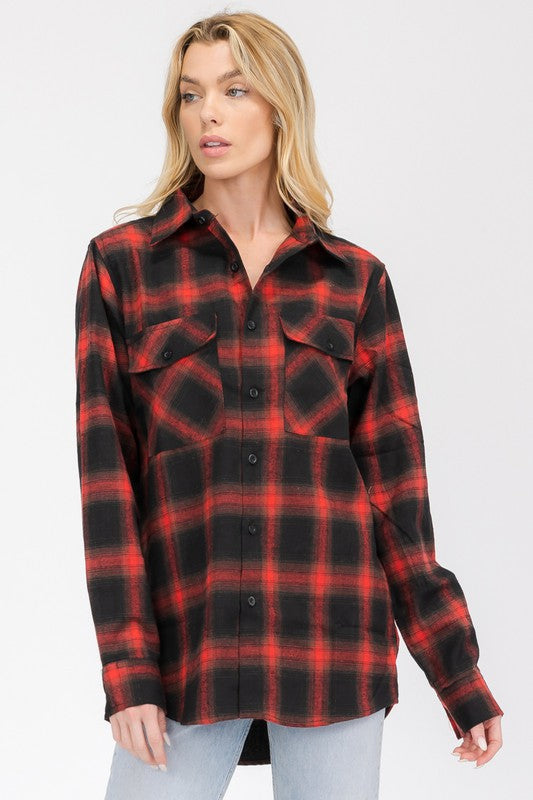 Women's Boyfriend Fit Checker Plaid Flannel Long Sleeve Shirt