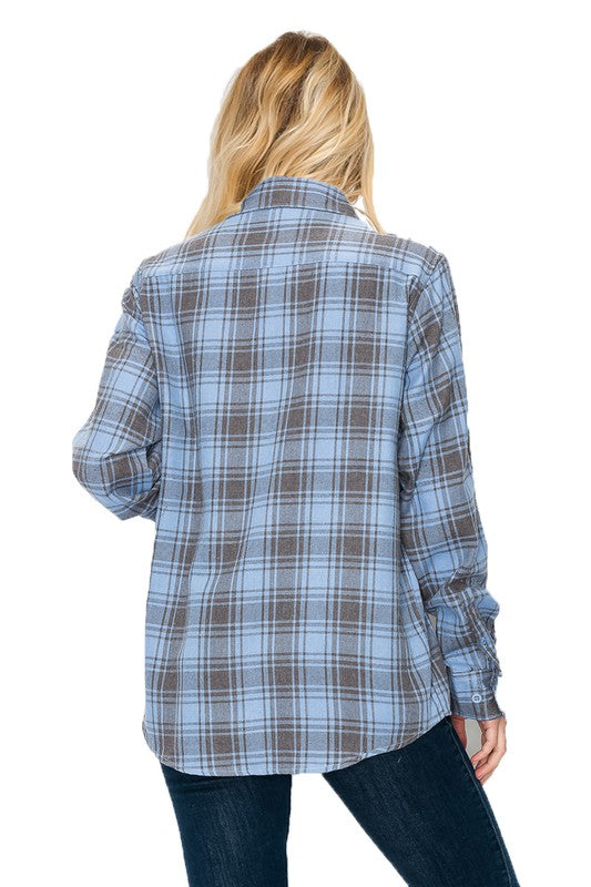 Women Boyfriend Fit Checker Plaid Flannel Long Sleeve Shirt