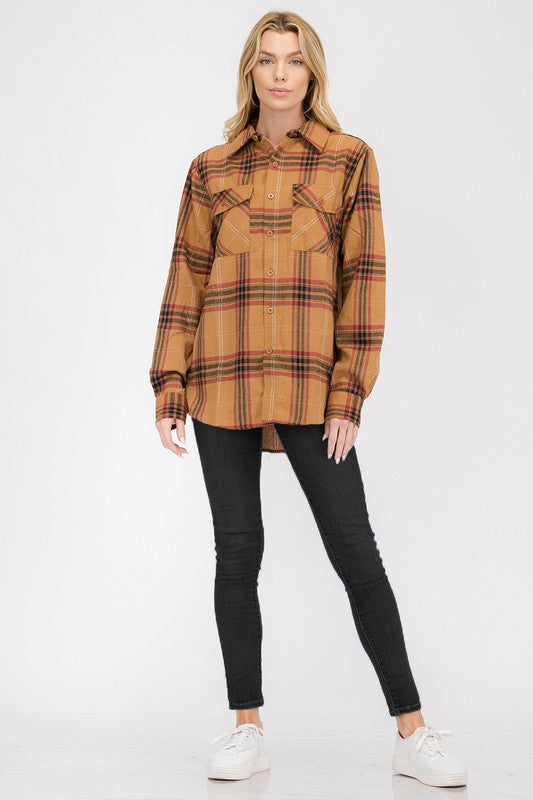 Women Boyfriend Fit Checker Plaid Flannel Long Sleeve Shirt