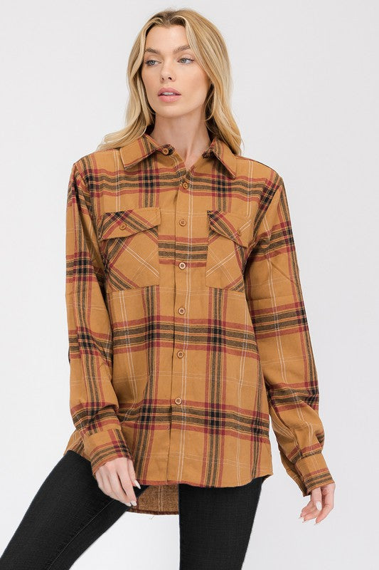 Women Boyfriend Fit Checker Plaid Flannel Long Sleeve Shirt