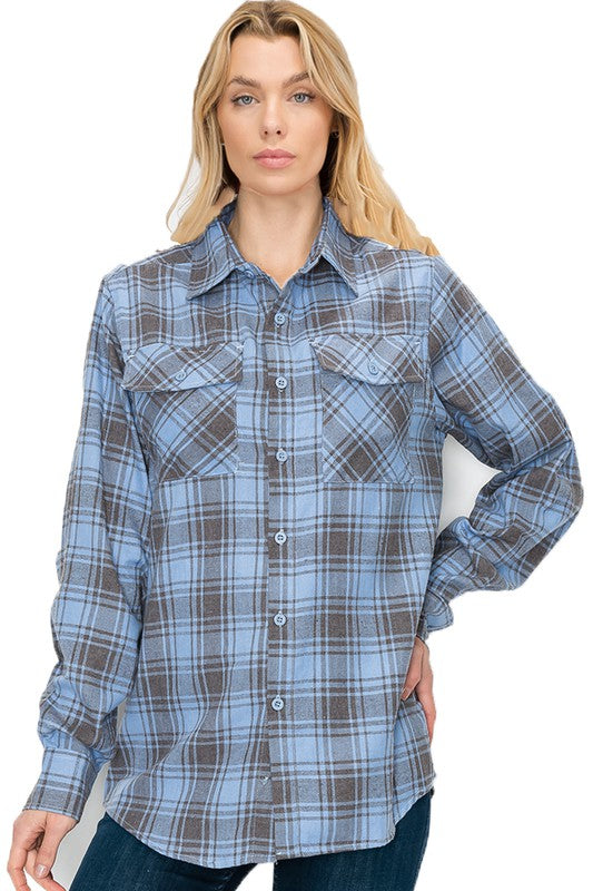 Women Boyfriend Fit Checker Plaid Flannel Long Sleeve Shirt